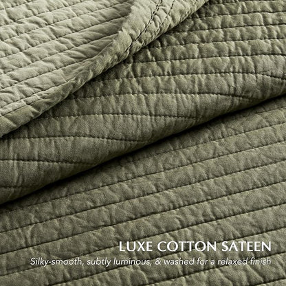 EVERGRACEHOME Cotton Sateen Quilt Set King Size, Pre-Washed Cotton Channel Stitch Coverlet Bedspread, 3 Pieces Lightweight Soft Bedding Sets for All Season, with 2 Pillow Shams, Olive Green