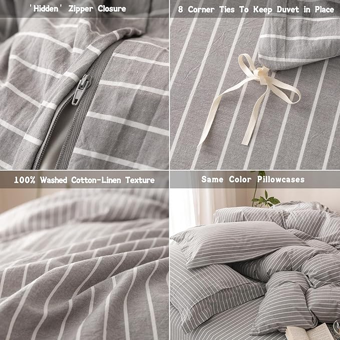 Stripe Duvet Cover King Size 104inch x 90inch, 100% Washed Cotton Linen Feel Duvet Cover, Pinstripe Duvet Cover with Zipper Closure and 2 Pillowcases, Color of Grey and White Stripe