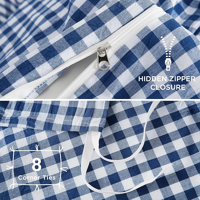 TOCOMOA Navy Blue Gingham Duvet Cover Bedding Set 100% Washed Cotton Like Linen Feel Super Soft Comfy 3 Piece Dark Blue Plaid Checkered Comforter Cover Set (King 104"x90", Comforter Not Included)