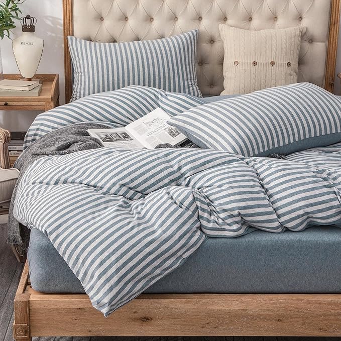 PURE ERA Jersey Knit Duvet Cover Set 100% T-Shirt Heather Cotton Super Soft Comfy Classic Striped Design, with Zipper Closure, Heather Blueish Grey Stripe, Cal King