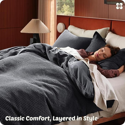 Bedsure Cotton Duvet Cover Set - 100% Cotton Waffle Weave Charcoal Duvet Cover Oversized King Size, GentleSoft™ and Breathable Bedding Set for All Season, 3 Pieces, 120"x98"