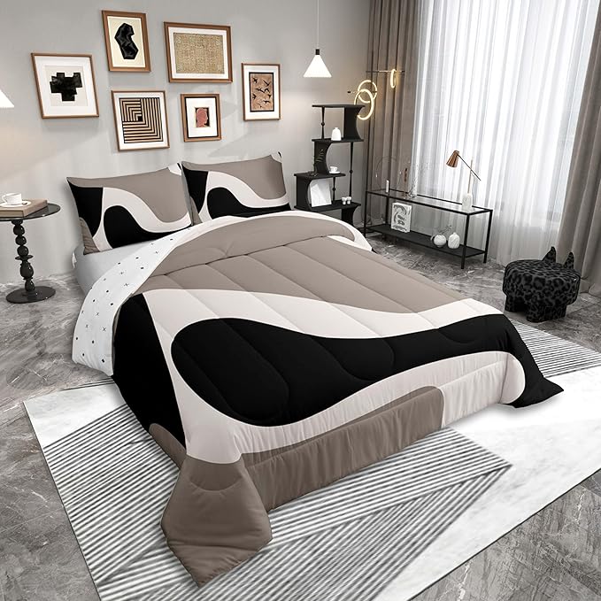 Erosebridal Black Beige Striped Comforter Set Twin Size,Boho Modern Geometric Abstract Bedding for Women Men Adults, Stripes Bold Lines Quilt,Minimalist Stylish Art Bedding Comforter Sets