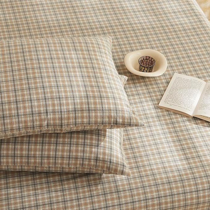 EAVD Vintage Style Gingham Comforter Set Full Soft 100% Washed Cotton Modern Brown Plaid Comforter Set 3 Pieces Farmhouse Grid Checkered Bedding with 2 Pillowcases for All-Season