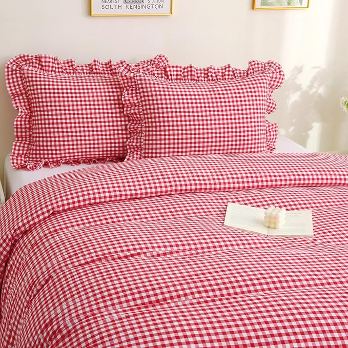 Red/White Checkered Ruffle 3-Piece Duvet Cover Set Queen Size,Washed Cotton Shabby Gingham Plaid Bedding Set Farmhouse Comforter Set(Queen,Red)