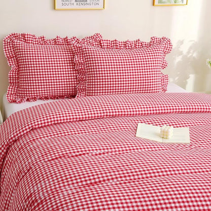 Red/White Checkered Ruffle 3-Piece Duvet Cover Set Queen Size,Washed Cotton Shabby Gingham Plaid Bedding Set Farmhouse Comforter Set(Queen,Red)