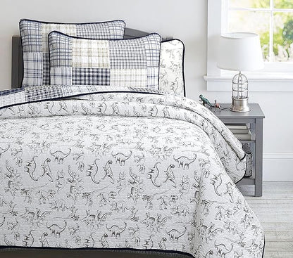 Cozy Line Home Fashions Benjamin Cute Dinosaur Plaid Navy Blue White Grey Bedding Quilt Set 100% Cotton Reversible Coverlet Bedspread Set for Kids Boy (Queen - 3 Piece)