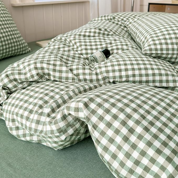 LifeTB Green Gingham Duvet Cover Twin XL 3 Pieces Green Grid Duvet Cover 100% Washed Cotton Checkered Plaid Comforter Cover with Zipper Ties 2 Pillowcases Soft Farmhouse Plaid Bedding Set Breathable