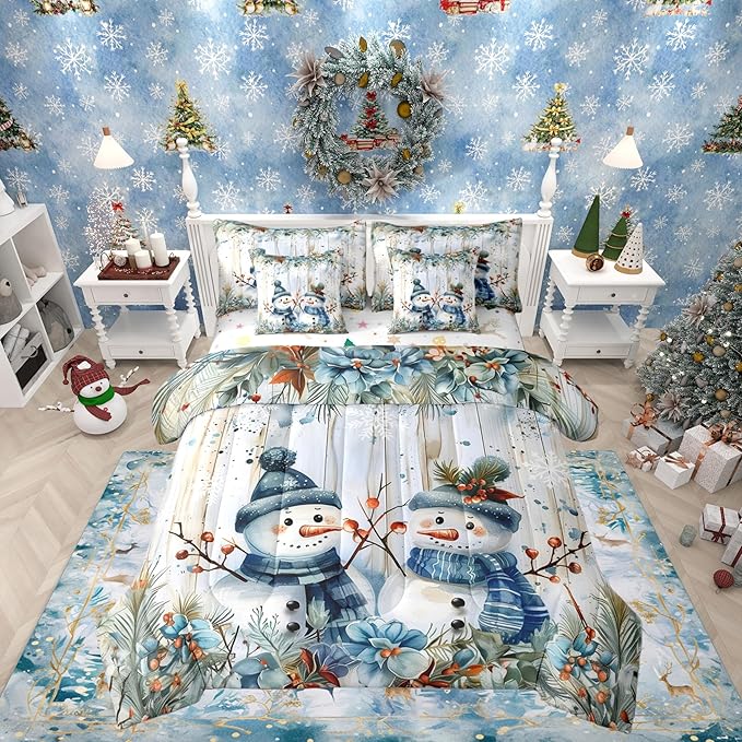 Castle Fairy Funny Xmas Snowman Reversible 7 Pieces Comforter Set,Blue Christmas Flowers Bed Sheet Set for Kids Teens Boys,Botanical Fruits Plants Bedding Set with Comforter,Fitted & Flat Sheet,Queen