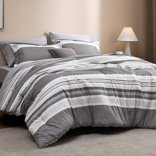 Bedsure King Comforter Set 7 Pieces, Frost Grey Striped Bedding Set for All Seasons, Reversible, Cationic Dyeing Bed in a Bag with Comforter, Sheets, Pillowcases & Shams