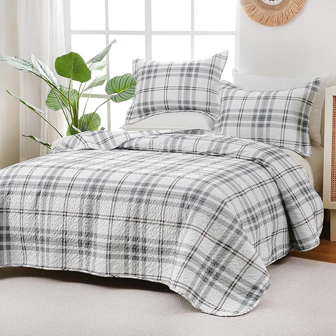 Plaid Quilt Set King Size - Ultra Soft Gingham Quilts Bedding Set with 2 Pillow Shams, Lightweight Reversible Striped Quilted Bedspread Coverlet 3 Pieces for Summer, 104"×90", Grey White