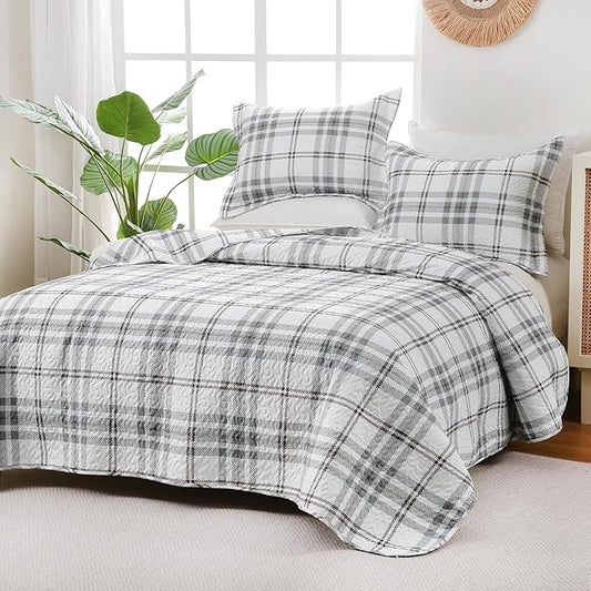 Plaid Quilt Set King Size - Ultra Soft Gingham Quilts Bedding Set with 2 Pillow Shams, Lightweight Reversible Striped Quilted Bedspread Coverlet 3 Pieces for Summer, 104"×90", Grey White