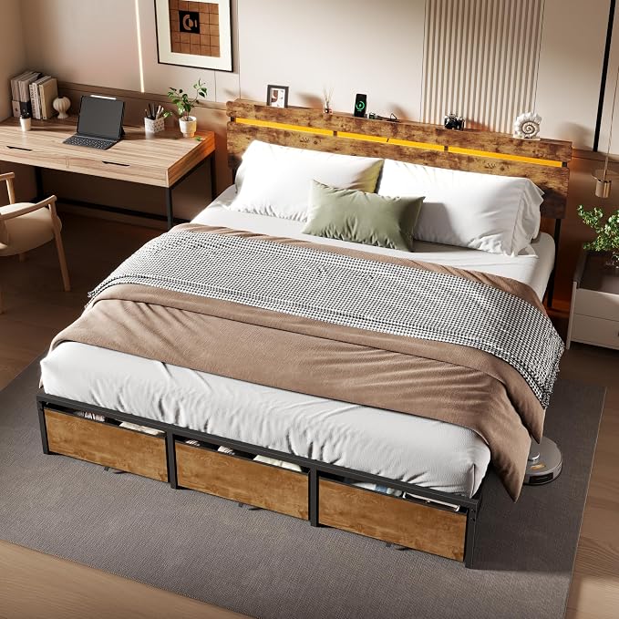 Forestell King Size Bed Frame with Wood Headboard,3 Storage Drawers & Shelf | Built-in Charging Station & LED Lights, Metal Support, No Box Spring Needed, noise-free, easy assembly, Smart RGB, USB+Type-C
