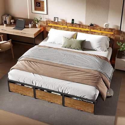 Forestell King Size Bed Frame with Wood Headboard,3 Storage Drawers & Shelf | Built-in Charging Station & LED Lights, Metal Support, No Box Spring Needed, noise-free, easy assembly, Smart RGB, USB+Type-C