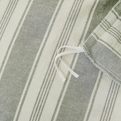 Green Striped Queen Duvet Cover Washed Cotton Boho Queen Comforter Cover Farmhouse Soft Pinstripe Patterned Duvet Cover Set with Hidden Zipper Vertical Stripe Bedding Set Teen Duvet Protector