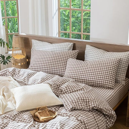 MooMee Bedding Pillowcases Gingham Pack of 2 100% Washed Cotton Linen Like Textured Breathable Durable Soft Comfy (Classic Gingham Brown, King)
