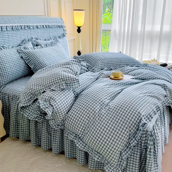mixinni Vintage Blue Gingham Ruffle Comforter Set 3-Piece Washed Cotton Queen Size Grid Bedding Set with Geometric Checkered Pattern, Farmhouse Chic Soft Fluffy Comforter for All-Season