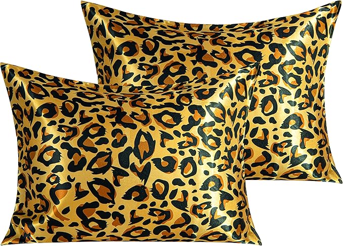 NTBAY 2 Pack Satin Standard Pillowcases for Hair and Skin, Luxurious and Silky Leopard Printed Pillow Cases with Envelope Closure, 20x26 Inches, Yellow and Black