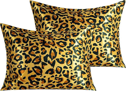 NTBAY 2 Pack Satin Standard Pillowcases for Hair and Skin, Luxurious and Silky Leopard Printed Pillow Cases with Envelope Closure, 20x26 Inches, Yellow and Black
