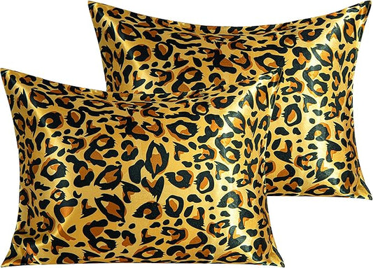 NTBAY 2 Pack Satin Standard Pillowcases for Hair and Skin, Luxurious and Silky Leopard Printed Pillow Cases with Envelope Closure, 20x26 Inches, Yellow and Black