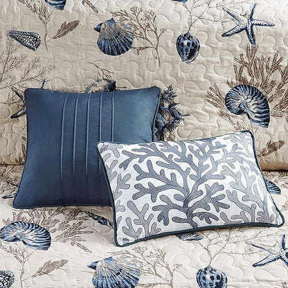 Madison Park Quilt Set Cottage Coastal Design, Starfish Print - All Season, Coverlet Bedspread Lightweight Bedding Layer, Shams, Toss Pillows, Twin/Twin XL(68"x90"), Bayside Blue/Ivory 5 Piece