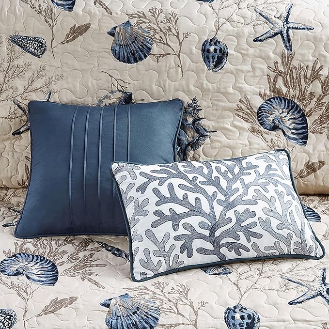 Madison Park Quilt Set Cottage Coastal Design, Starfish Print - All Season, Coverlet Bedspread Lightweight Bedding Layer, Shams, Toss Pillows, King/Cal King(104"x94"), Bayside Blue/Ivory 6 Piece