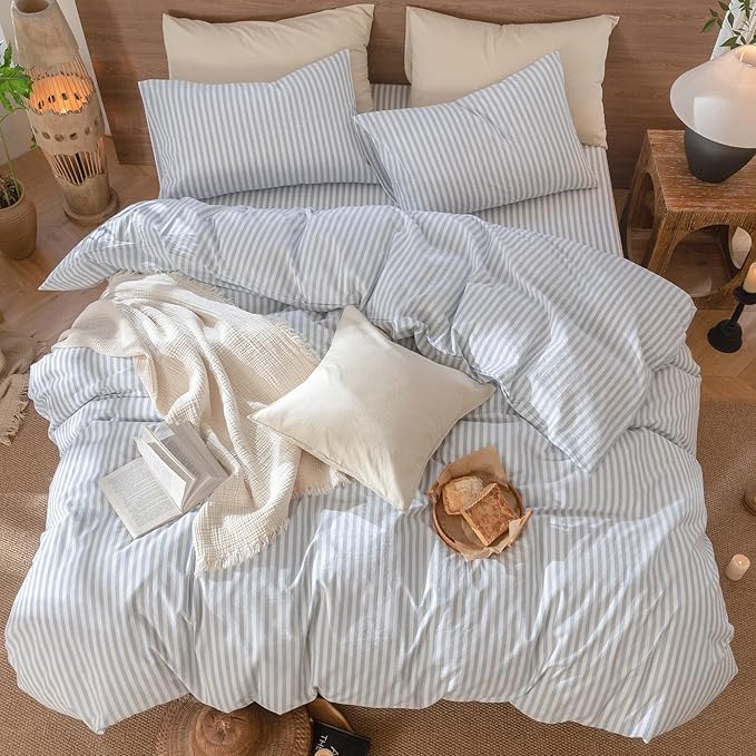 MooMee Striped Duvet Cover Set 100% Washed Cotton Linen Like Textured Breathable Durable Soft Comfy (Cornflower Blue White Classic Stripes, Twin 68"x90")