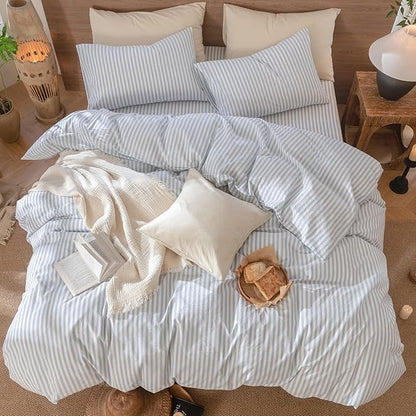 MooMee Striped Duvet Cover Set 100% Washed Cotton Linen Like Textured Breathable Durable Soft Comfy (Cornflower Blue White Classic Stripes, King 104"x90")