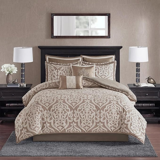 Madison Park Odette Cozy Comforter Set Jacquard Damask Medallion Design - Modern All Season, Down Alternative Bedding, Shams, Decorative Pillows, Cal King(104 in x 92 in), Tan 8 Piece