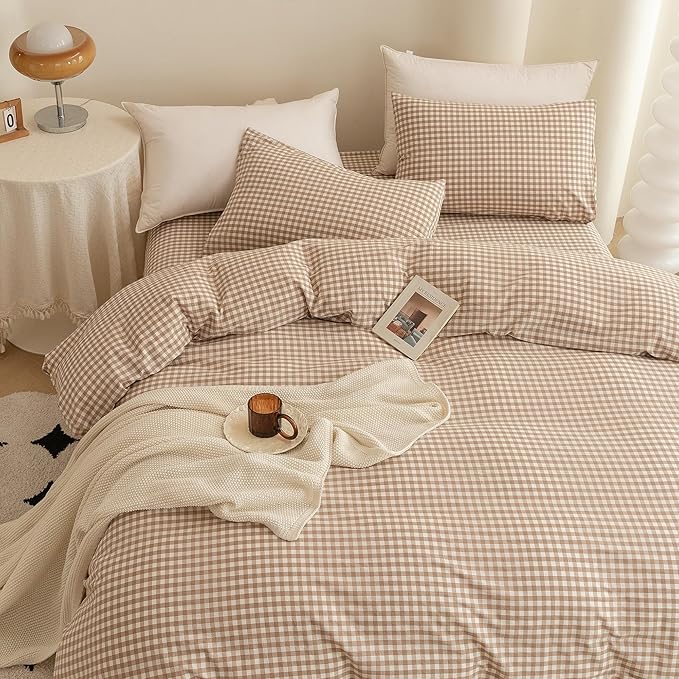 ECOCOTT Gingham Duvet Cover King Size 100% Washed Cotton Like Linen Feel Super Soft & Comfy Bedding Set Modern Checkered Design for All Seasons
