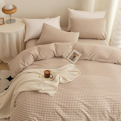 ECOCOTT Gingham Duvet Cover Queen Size 100% Washed Cotton Like Linen Feel Super Soft & Comfy Bedding Set Modern Checkered Design for All Seasons