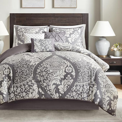 Madison Park Vienna Sateen Cotton Comforter Set, Breathable, Soft Cover, Trendy, All Season Down Alternative Cozy Bedding with Matching Shams, Queen, Grey 7 Piece