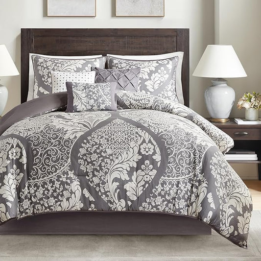 Madison Park Vienna Sateen Cotton Comforter Set, Breathable, Soft Cover, Trendy, All Season Down Alternative Cozy Bedding with Matching Shams, Queen, Grey 7 Piece