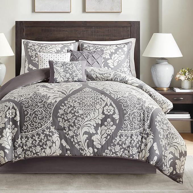 Madison Park Vienna Sateen Cotton Comforter Set, Breathable, Soft Cover, Trendy, All Season Down Alternative Cozy Bedding with Matching Shams, King, Grey 7 Piece