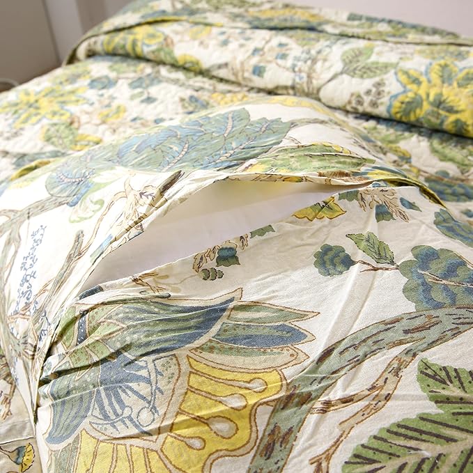 DURLENGEN Forest 100% Cotton Queen Quilt 3Pcs,Bohemian Reversible Leaves & Flowers Pattern on White, Luxury Lightweight Coverlet Sets for All Season(Queen 90x96,Forest)