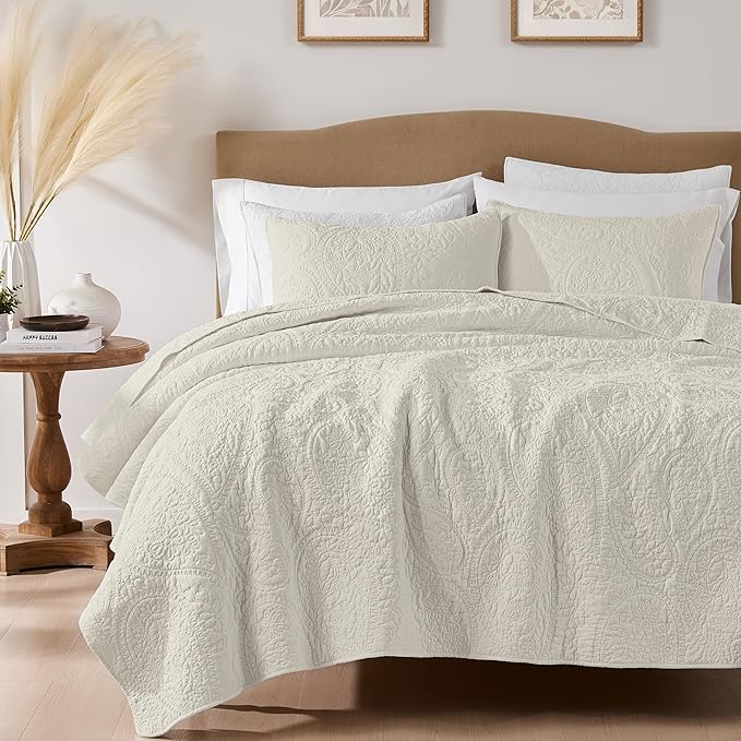 palassio Beige Paisley 100% Cotton Quilt Queen Size Bedding Sets with 2 Pillow Shams, Boho Floral Lightweight Farmhouse Country Vintage Soft Bedspread Shabby Chic Coverlet for All Season, 3 Pieces