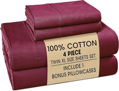 Casa Platino Twin XL Size Sheet Set – 4 Piece Cooling Sheets Twin XL Size 100% Cotton Crisp Percale Sheets with Breathable & Cozy Feel, 15" Deep Pocket Fitted Sheet for Secure Fit – Windsor Wine