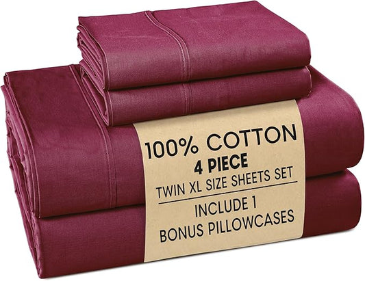 Casa Platino Twin XL Size Sheet Set – 4 Piece Cooling Sheets Twin XL Size 100% Cotton Crisp Percale Sheets with Breathable & Cozy Feel, 15" Deep Pocket Fitted Sheet for Secure Fit – Windsor Wine