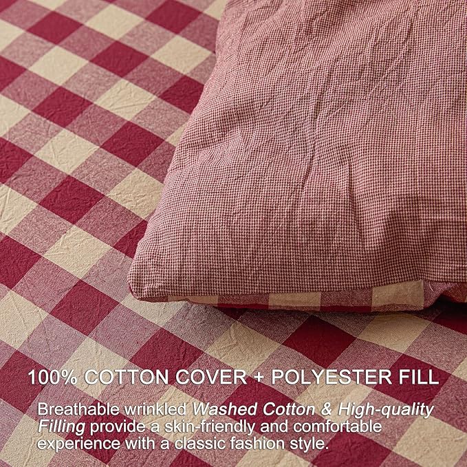 Cyusri Cotton Plaid Full Comforter Set - Soft Lightweight Bedding 3 Pieces Dyed Bed Set with 2 Pillow Shams,Reversible All Season Farmhouse Down Alternative(Full Size 80"x90" Retro Red)