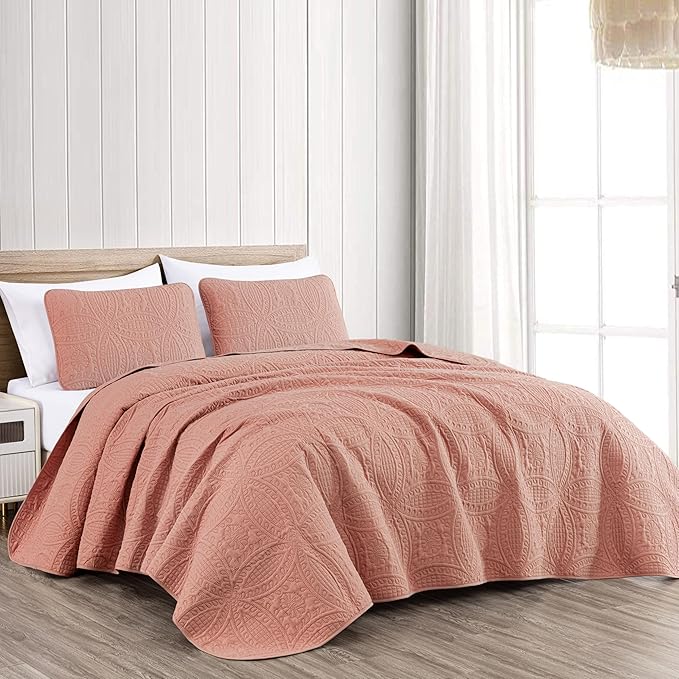 Chezmoi Collection Austin 3-piece Oversized Bedspread Coverlet Set (King, Salmon) | Oversized, Lightweight, Fade Resistant