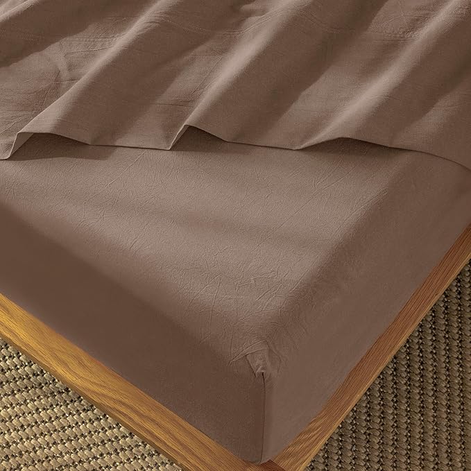MooMee Fitted Bottom Sheet Only 100% Washed Cotton Linen Like Textured Breathable Durable Soft Comfy Deep Pocket Fits Mattress up to 17" (Brown, King)