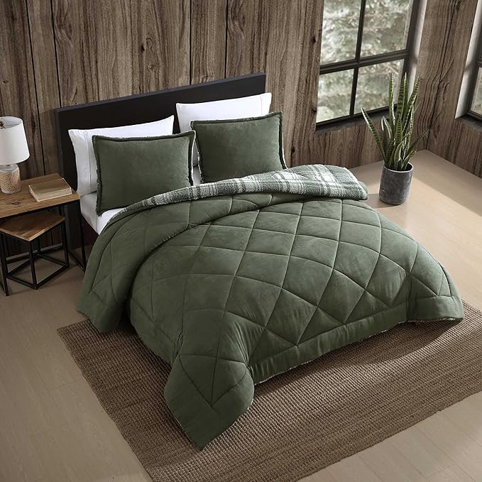 Eddie Bauer - Twin Comforter Set, Microsuede Bedding with Soft Plush Faux Shearling Reverse, 2 Piece Bed Set with Matching Pillowcase (Big Lake Plaid Green)
