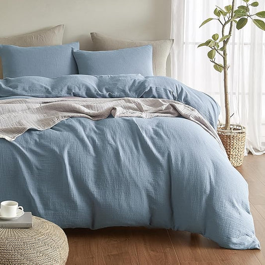 SE SOFTEXLY Muslin Duvet Cover King Size, 100% Washed Cotton Duvet Cover Set, Ultra Soft Comforter Cover Linen Like, 3 Pieces Minimalist Gauze Duvet Cover with 2 Pillowcases, 90"x104", Blue