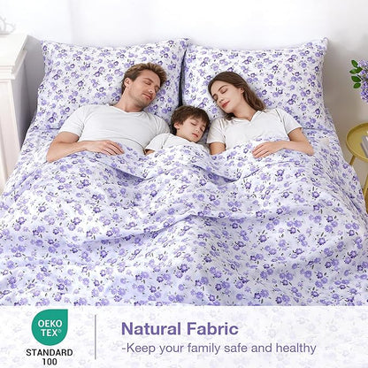 Softan Puple Floral Twin Sheet Set, 3-Piece Microfiber Printed Fitted Sheet with 15" Deep Pockets & Non-Slip Straps, White Flower Patterned Single Bedding Sheets & Pillowcase Set