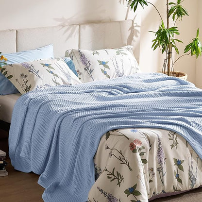 Bedsure Gentlesoft 100% Cotton Blanket King Size for Bed - Cooling Breathable and Soft for Spring Summer, Thick Cozy Waffle Weave Blanket Gifts for Women, Sky Blue, 104x90 inches
