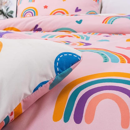 Btargot Lightweight Soft 3 Piece Rainbow Comforter Set with 2 Pillow Covers, Cartoon Love Hearts Flowers and Sun Moon Star Bedding Set for Girls Boys Kids, Twin Blush