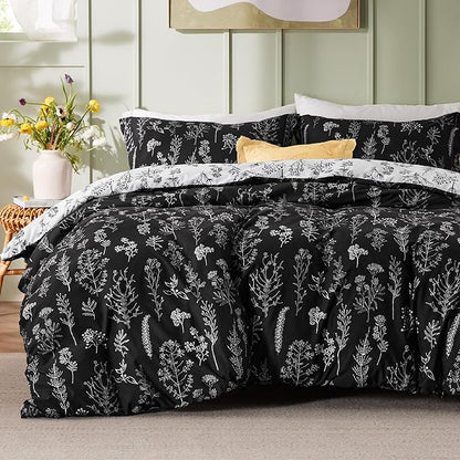 Bedsure Duvet Cover King Size - Reversible Black King Duvet Cover Set with Zipper Closure, 3 Pieces Floral Patterned Bedding Set with 8 Corner Ties and 2 Pillow Shams