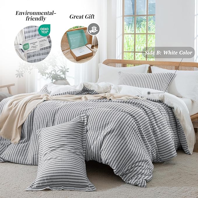 MILDLY Dark Grey Striped Duvet Cover - 100% Washed Cotton Jacquard Textured Comforter Cover with Dual Zipper Closure & 8 Coner Ties