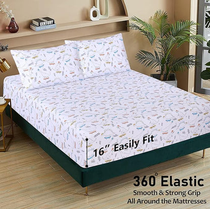 RUVANTI 100% Cotton Sheets – Queen Size Percale Bedding, Cooling & Breathable Floral Design, Durable with a Crisp, Soft & Comfortable Feel, 16" Deep Pocket, 4-Piece Set, Dino