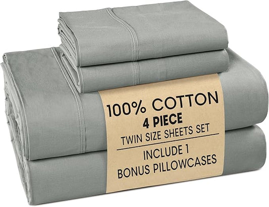 Casa Platino Bed Sheets Twin – 100% Cotton Twin Size Bed Sheet Set with 2 Pillowcases, Cool and Soft Percale Fabric, Ideal for All-Season Comfort, Ultra Soft with 15" Deep Pocket Fitted Sheet – Grey