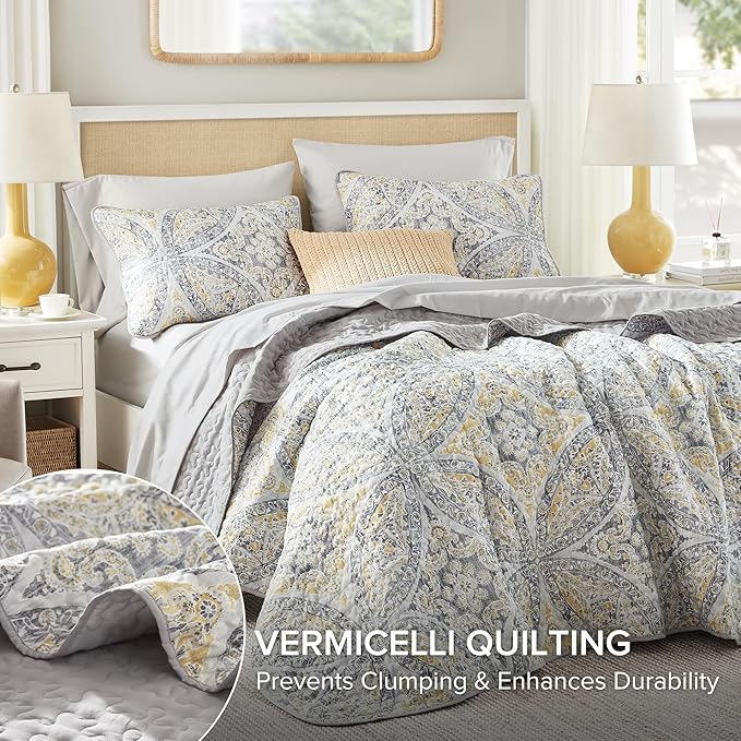 Comfort Spaces Boho Quilt Set Queen Reversible Vermicelli Quilting Queen Size Bed, All Season, Lightweight, Coverlet Winter Layer Bedding, Shams, Gloria, Full/Queen Grey/Yellow 3 Piece